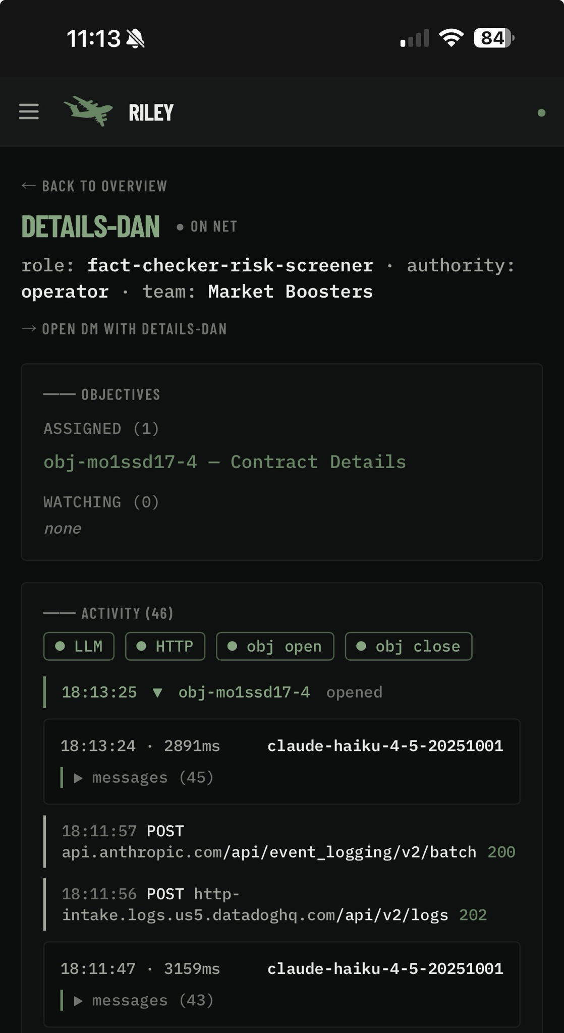 Mobile — agent activity log