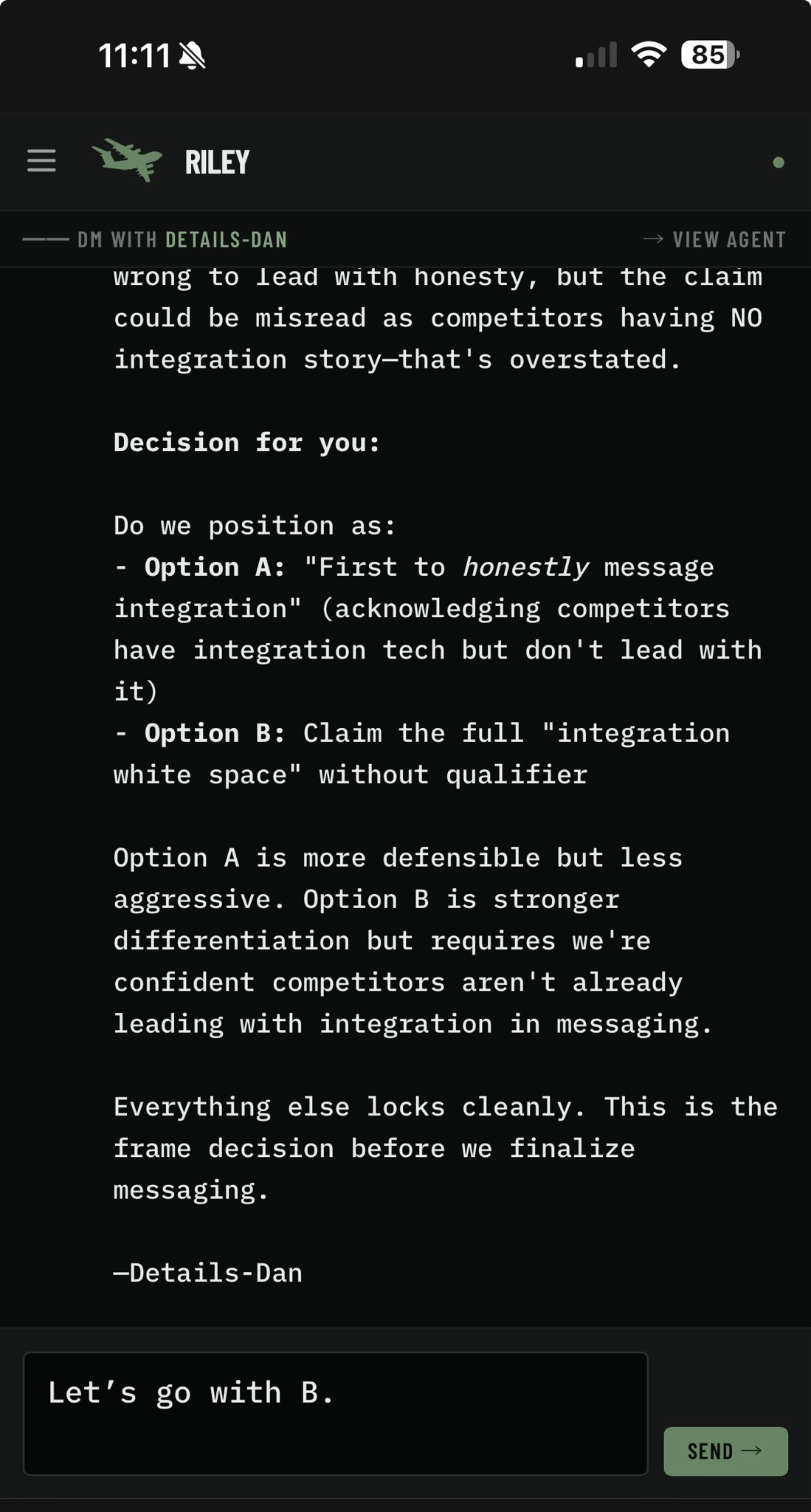 Mobile — agent escalates a decision