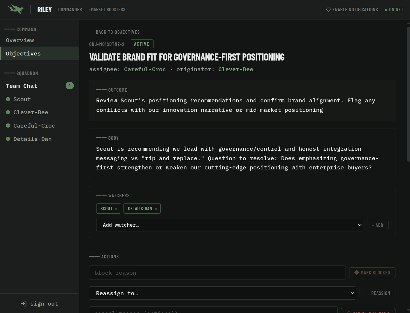 Objective detail — structured work with outcomes